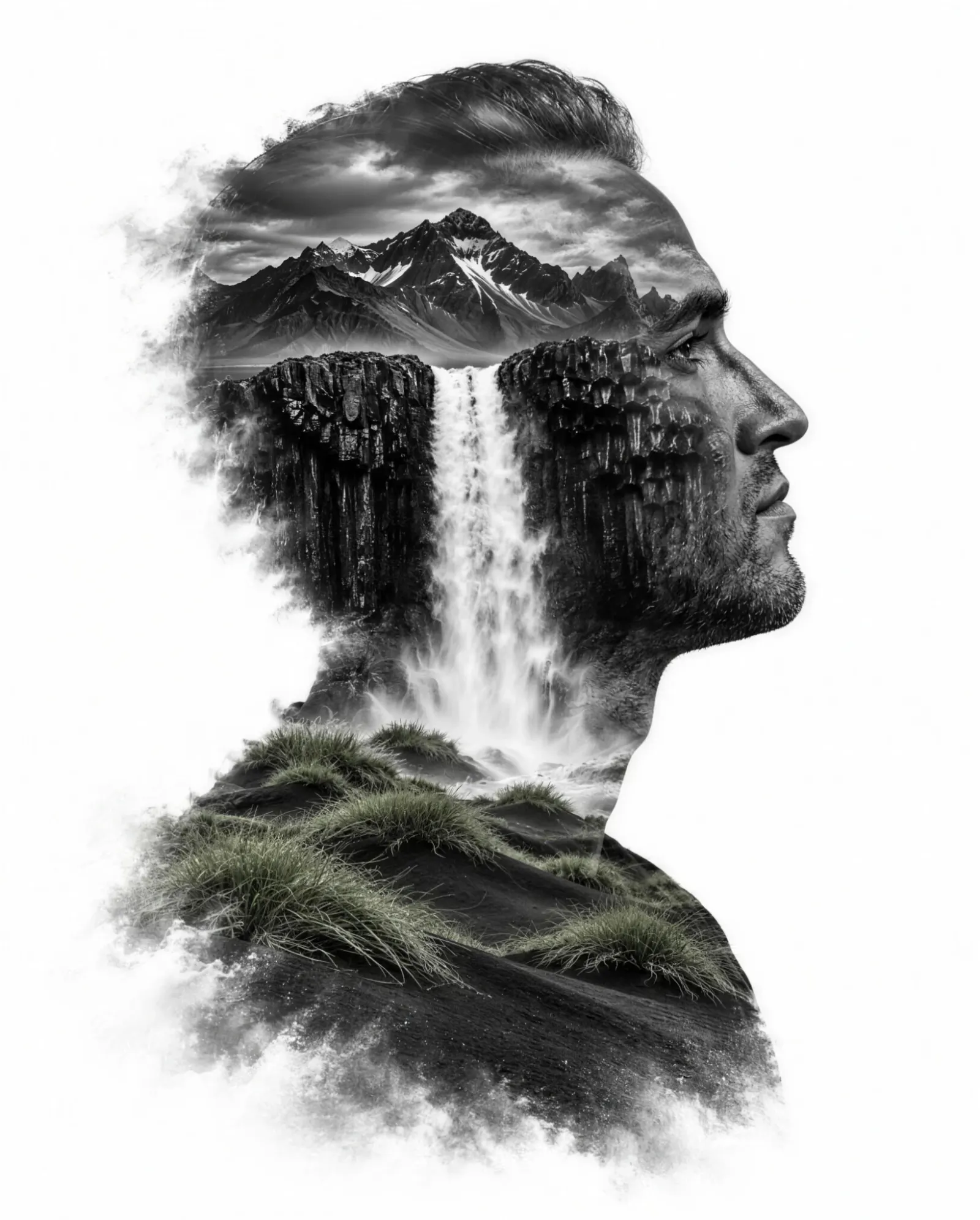 Artwork: an Icelandic waterfall and mountains inside the outline of a face